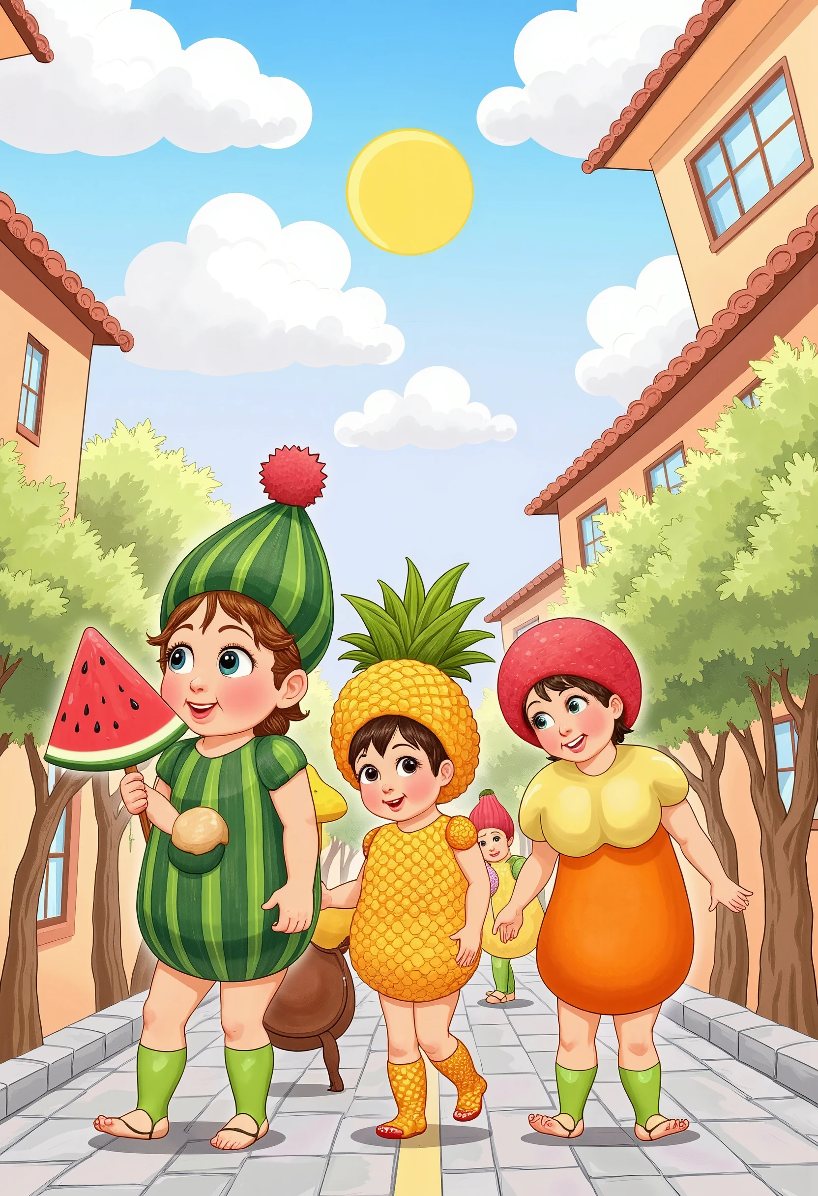 kids-style, a colorful parade of fruits, with a watermelon, pineapple, and orange walking down a sunny street, wearing funny hats and playing musical instruments as happy clouds float above.