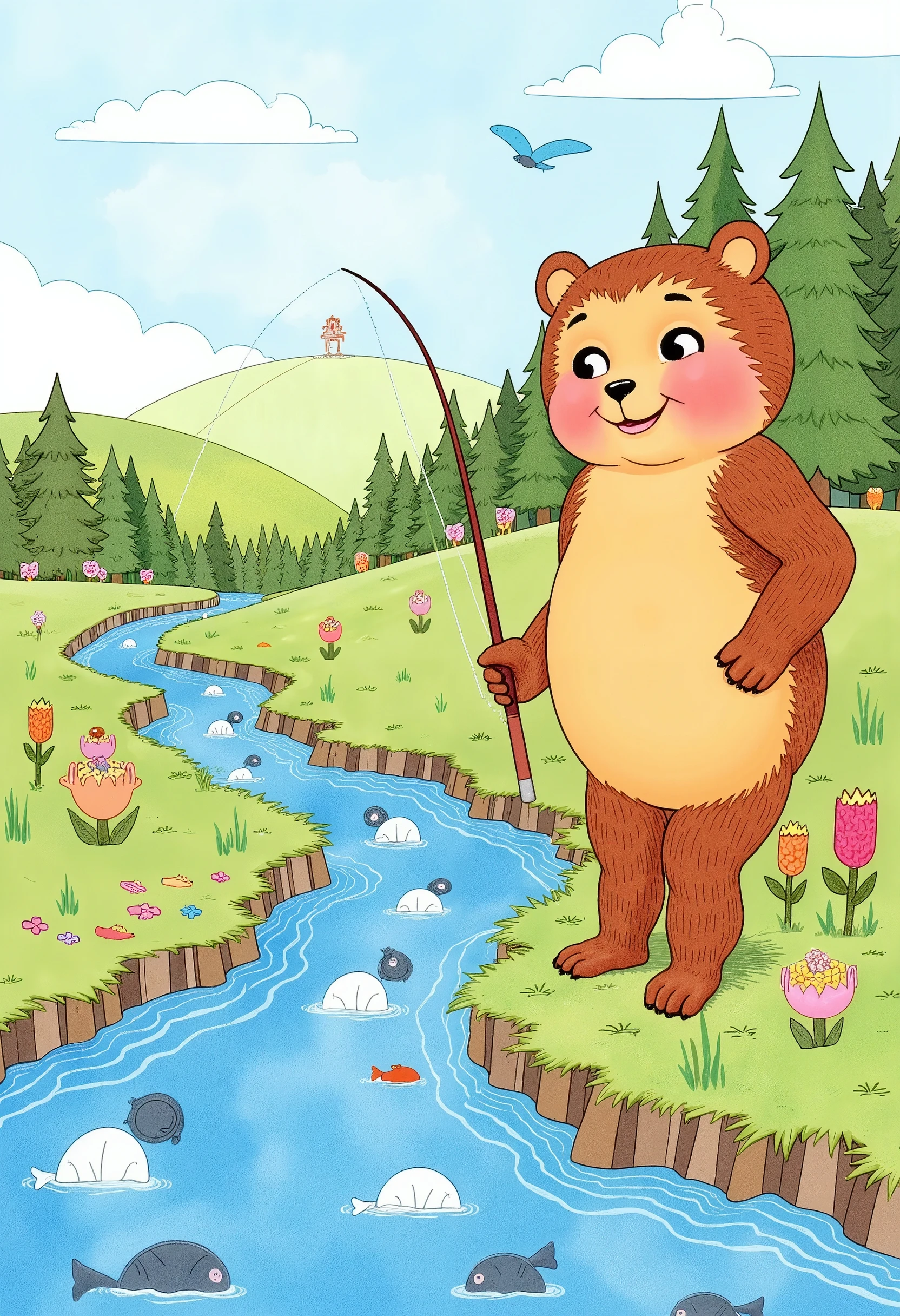 kids-style, a big, friendly bear fishing by a bright blue river, with fish jumping out of the water and birds swooping down, surrounded by colorful flowers and trees.