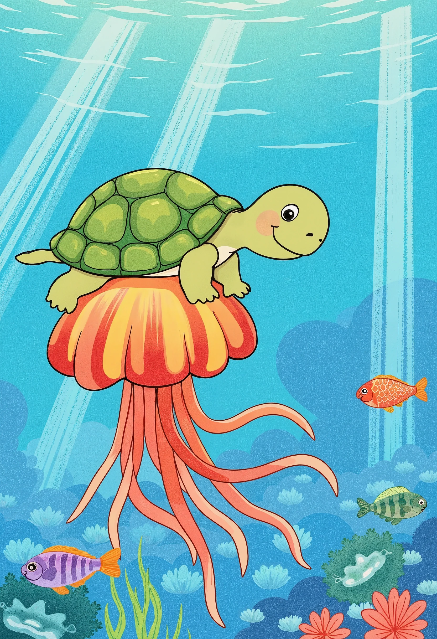 kids-style, a happy turtle riding on the back of a giant jellyfish, floating through a brightly colored ocean filled with schools of rainbow fish and shimmering seashells.