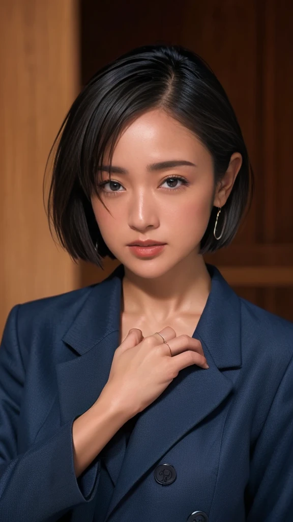 High resolution、masterpiece、Textured Skin、High image quality、超High resolution、Very detailed、woman、Look at, low length、Large Breasts、Anatomically correct, Short Hair、Japanese high school navy blue blazer uniform、