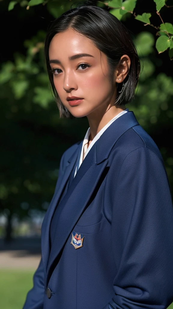 High resolution、masterpiece、Textured Skin、High image quality、超High resolution、Very detailed、woman、Look at, low length、Large Breasts、Anatomically correct, Short Hair、Japanese high school navy blue blazer uniform、