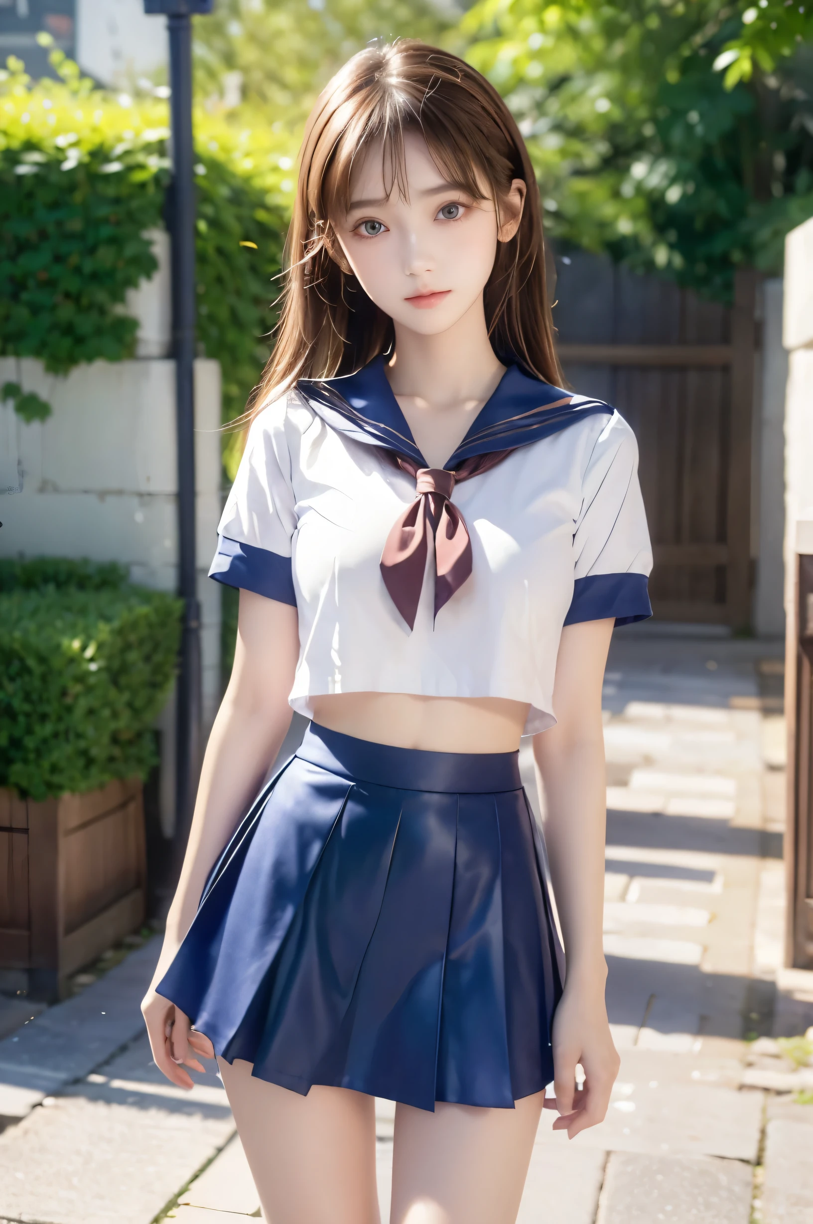 (Ultra HD), (Looking at me), (Short-sleeved sailor uniform, Navy blue mini skirt), Big Breasts, Super beautiful breasts, Slender, (Thin legs:1.2), (Thin thighs:1.2), (Thin Hips:1.4), (Beautiful Skin, Shiny skin, White skin), (Super slim face, Super beautiful face, No makeup, Smile:0.6), (Light Brown Hair, Semi-long, Layered Cut, Fluffy hair), (Big eyes:1.3, High corners of the eyes:1.6, double eyelid), (Thin eyebrows:0.1), (Small Nose:0.6), (Thin lips:0.6), Beautiful Hands, Empty-handed, Standing, In front of the school gate