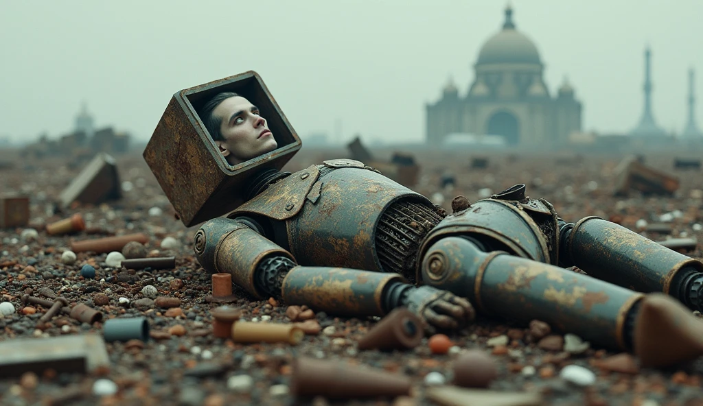 A sad guy trying to fix his female humanoid robot by taking parts of other fallen robots