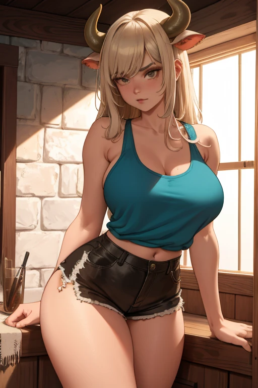 a girl with cow horns and cow ears, tail, wearing a tank top and short shorts, with strong breasts, wide hips and thick thighs, detailed portrait, highly detailed, masterpiece, 8k, photorealistic, fantasy, surreal, mythical creature, anthropomorphic, soft lighting, warm colors, cinematic, dramatic, elegant