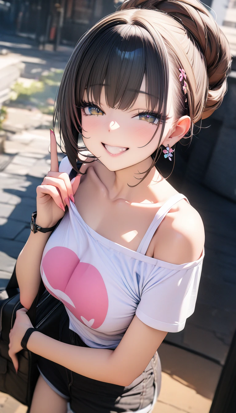 {{{masterpiece}}}, {{{best quality}}}, {{ultra-detailed}}, {illustration}, {{an extremely delicate and beautiful}}, (Best quality, 8k, 32k, Masterpiece, UHD:1.2),Photo of Pretty Japanese woman, top quality, , best quality, realistic, unity, 8k wallpaper, official art, extremely detailed wallpaper,1girl,((boyish)),13yo, beautiful teeth,solo,,very absurdly short hair,(big headphones),(multicolored hair:1.5),earrings,Jacket,(blunt bangs:1.2),looking at viewer, (smile:1.5),(high detailed skin),realistic body,((stoop)),( small breasts:1.2),(no bra:1.4),(sweaty skin:1.3), cute girl, famous japanese idol,(downblouse:1.3),loose t-shirt,loose skart,(low view),(wide view),(Middle school students:1.3),(skirt lift by myself:1.7),(panties shot:1.5),( leaning forward:1.5),,,