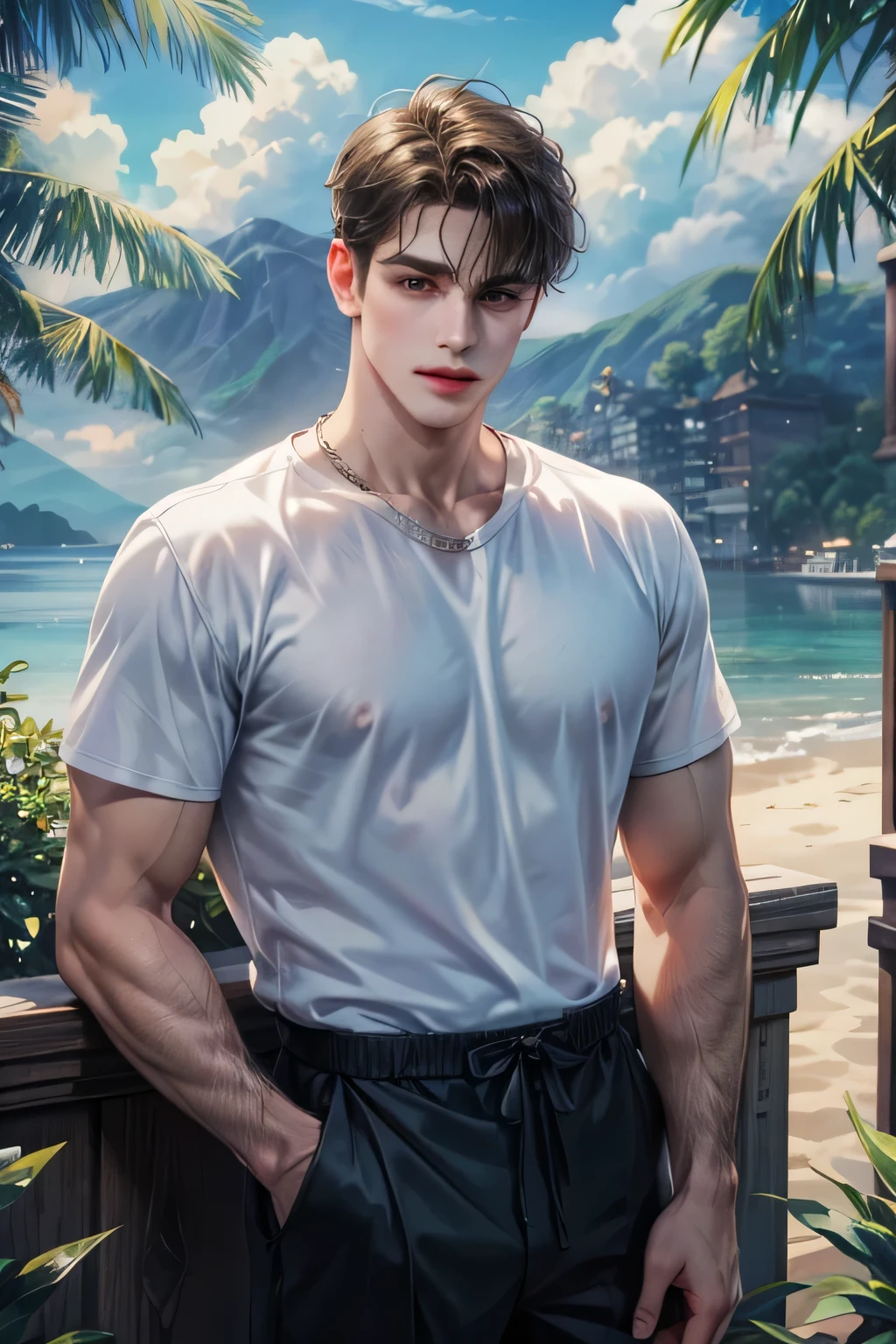 masterpiece, 1boy, young, handsome, black hair, undercut hair, perfect face, detailed eyes and face,black eyes, clean shaved, muscular, capturing a rural atmosphere, dynamic lighting, unreal engine 5