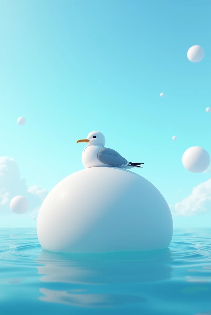 3D animation style, comical scene, a big bubble floating on the clear ocean, a seagull resting on the bubble, the floating bubbles look wonderfully comfortable, a heartwarming scene, the blue of the ocean and the white of the bubbles and seagulls create a contrast, 16K quality