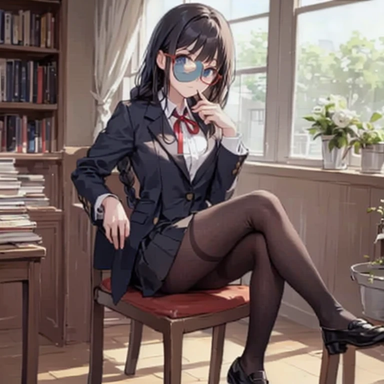 1 Japanese girl, glasses, blush, full body, sitting, angle from the side, (slim body:1.2), (huge breasts:1.1), (slender legs:1.1), short hair, black hair, school uniform, white long sleeve shirt, pleated skirt, (black tights:1.1),