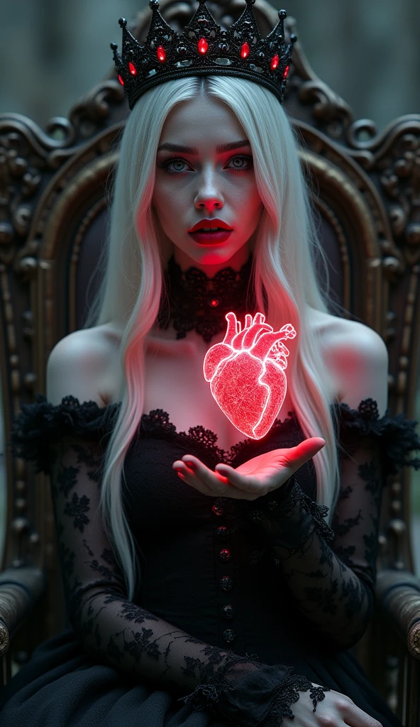 Angel of death beautiful blonde woman with a vampire teeth smile with a bone hand with a red ball a big huagaña sitting waiting in a grave