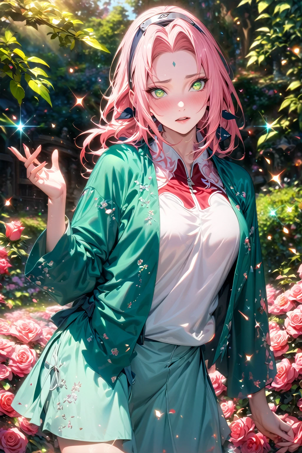 absurdres, highres, ultra detailed, HDR, master piece, detailed eyes, detailed face, Haruno Sakura, pink hair, long hair, expressive green eyes, woman, best quality, Naruto Shippuden, solo, fantasy, magical, sensual, glittering, accessories, extremely beautiful, garden, roses, red clothes