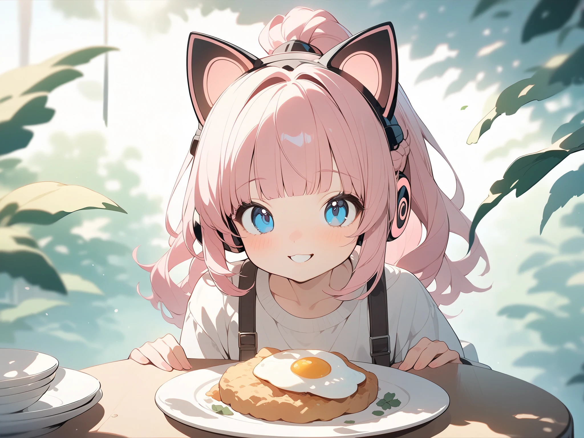 (highest quality, 8k, High resolution, table top:1.2, super detailed), extreme beauty, background mars, Bright colors, shining light, dreamy atmosphere, beauty of nature,looking at the viewer,Super precise expression, detailed face,1girl in,Alone,Living room table,Dishes on the table,Fried egg on a plate,Eating bread,Big laugh、Light blue eyes, (Pink hair:1.4),,(),Blunt bangs, Dutch braid ,lofi art cat ears, Best Quality, ponytail, Cat ear headphones, smile, Digital Art, Ghibli-style colors, 