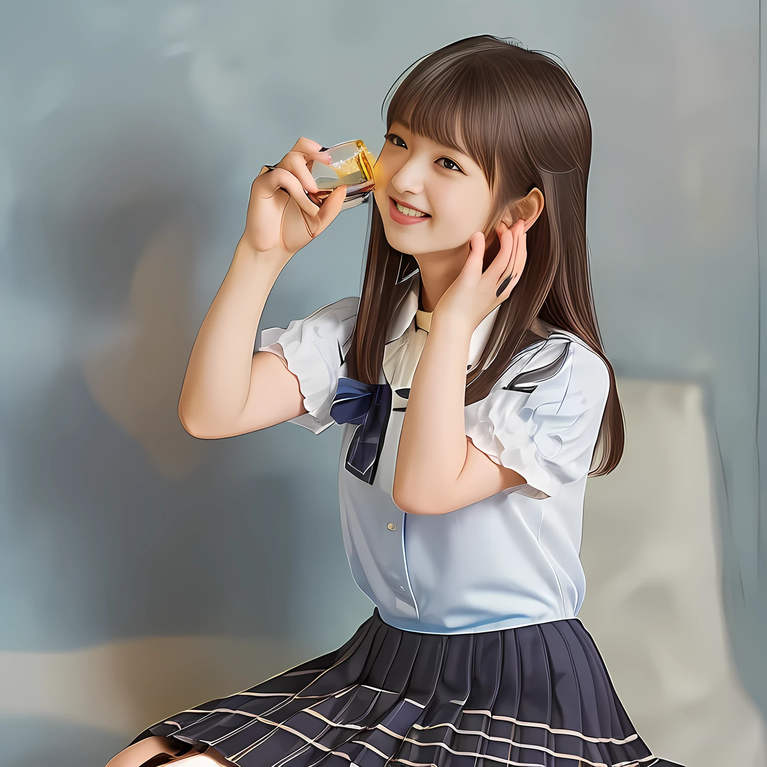 (Highest quality, masterpiece:1.2), Highest quality, High resolution, 1080P, 8k, height: 158cm, (A beautiful girls in a school uniform is sitting and praying, take the shot from their side: 2.0), (School-uniform beautiful **** girl models are smiling nobly in a young girls fashion magazine's page, promoting school uniform designed by Japanese school-wear maker: 1.8), (Well-grown rich breast and nice style: 1.8), (well arranged, balanced, untied, neat glossy wavy wavy super-long hair like hair model), (Double-deep-eyelids, completely balanced, brown large large dreaming Japanese graceful popular model's cute open eyes, with detailed beautifully: 1.8), (Very-glossy lustrous lips: 1.8), (very high nose: 1.4), (Rich and long bottom-eye-slashes: 1.2), (Drives me crazy for her navy-colored neat tartan plaid blue skirts and make me fall into her navy-colored plaid-print pleats skirt: 1.4), (Fine white-face: 1.6), (Noble girly feminine frilled frilled clean frilled white girly puffed-sleeves blouse: 1.6), (Navy pleated plaid skirt: 1.5), (Plain big frilled ribbon on the breast), (Girl whom everyone loves because of her beauty and neat school fashion and noble manner and magic-charm of succubus: 1.3), (full body shot), (evenly cut curled glossy rich beautiful bangs: 1.6), (bright light hitting her white-face and skirt clearly beautifully), white-shining skin, (She is kissing, licking, and drinking the transparent air in front of her face, and grabbing it with her both beautiful hands and fingers like a prayer: 1.4), (All viewers will be captivated by her because her smile is too much cute), (Nothing but complete plain light blue background: 1.4)