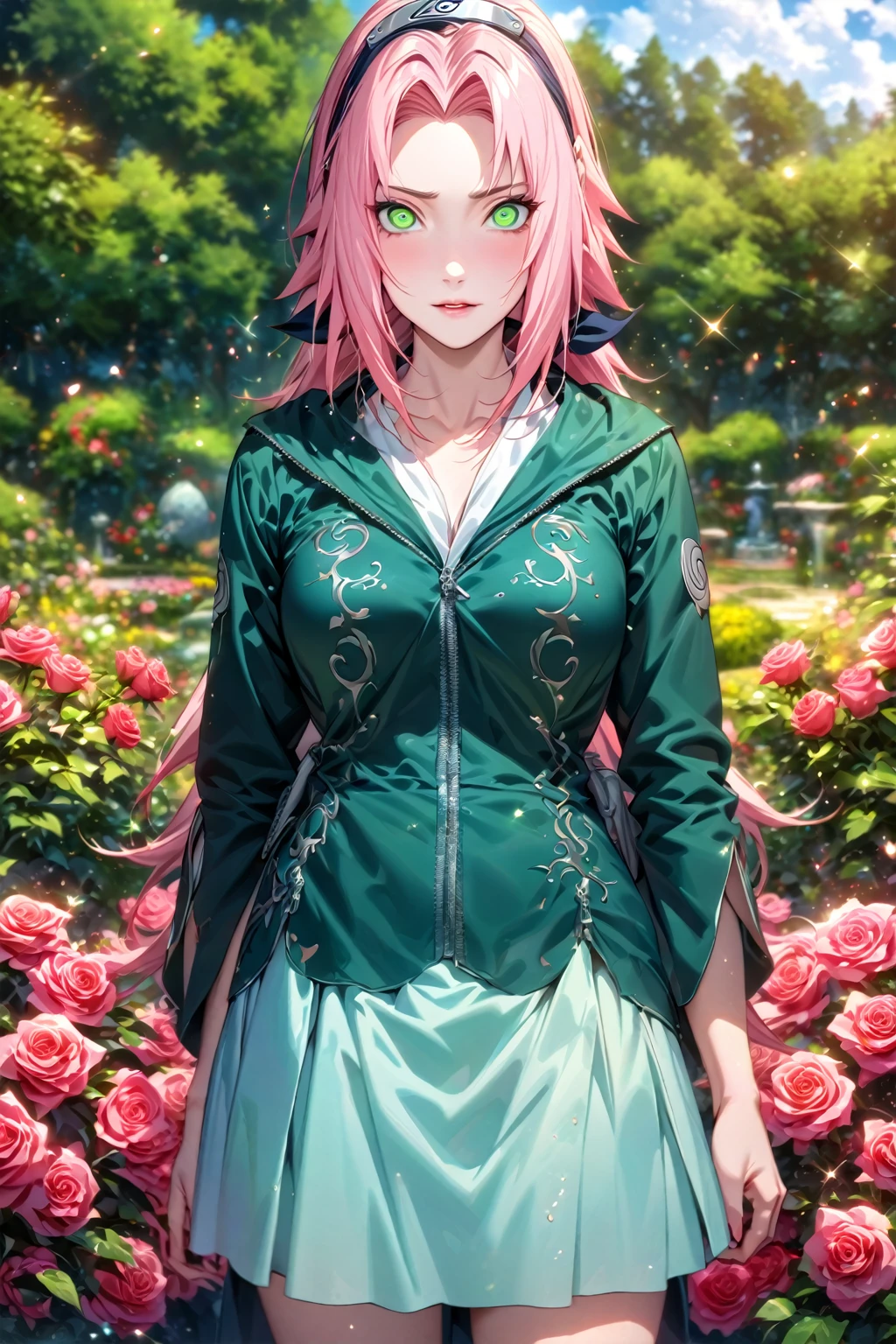 absurdres, highres, ultra detailed, HDR, master piece, detailed eyes, detailed face, Haruno Sakura, pink hair, long hair, expressive green eyes, woman, best quality, Naruto Shippuden, solo, fantasy, magical, sensual, glittering, accessories, extremely beautiful, garden, roses, red clothes