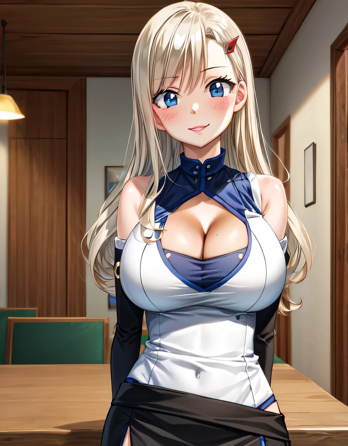 hmrb,cleavage,long hair,hairclip,white shirt,sleeveless,detached sleeves,miniskirt,black skirt,smile,blush,lips,indoor room,blue eyes,(large breasts:1.55),(shiny hair),((solo)),((masterpiece)),((best quality)),perfect anatomy,slim waist,perfect image,8k UHD,(beautiful detailed eyes:1.5),extremely detailed face,standing,(upper body:1.2),(look at the front:1.5),ultra-detailed,absurdres,ultra-highres,arms behind back,