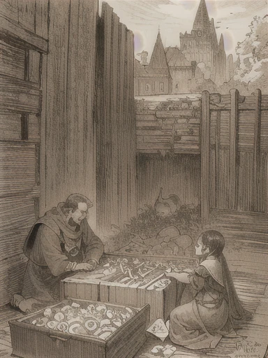 Shakuni, seated in a dimly lit chamber, his twisted legs stretched out before him, leans forward to speak to a young apprentice. The apprentice, dressed in simple yet dark attire, listens intently, eyes sharp and focused, mirroring Shakuni's own calculating gaze. The room is filled with ancient scrolls and the infamous bone dice resting on a table between them. Shadows dance across the stone walls, hinting at the dark knowledge and cunning being passed from master to pupil in comic style 