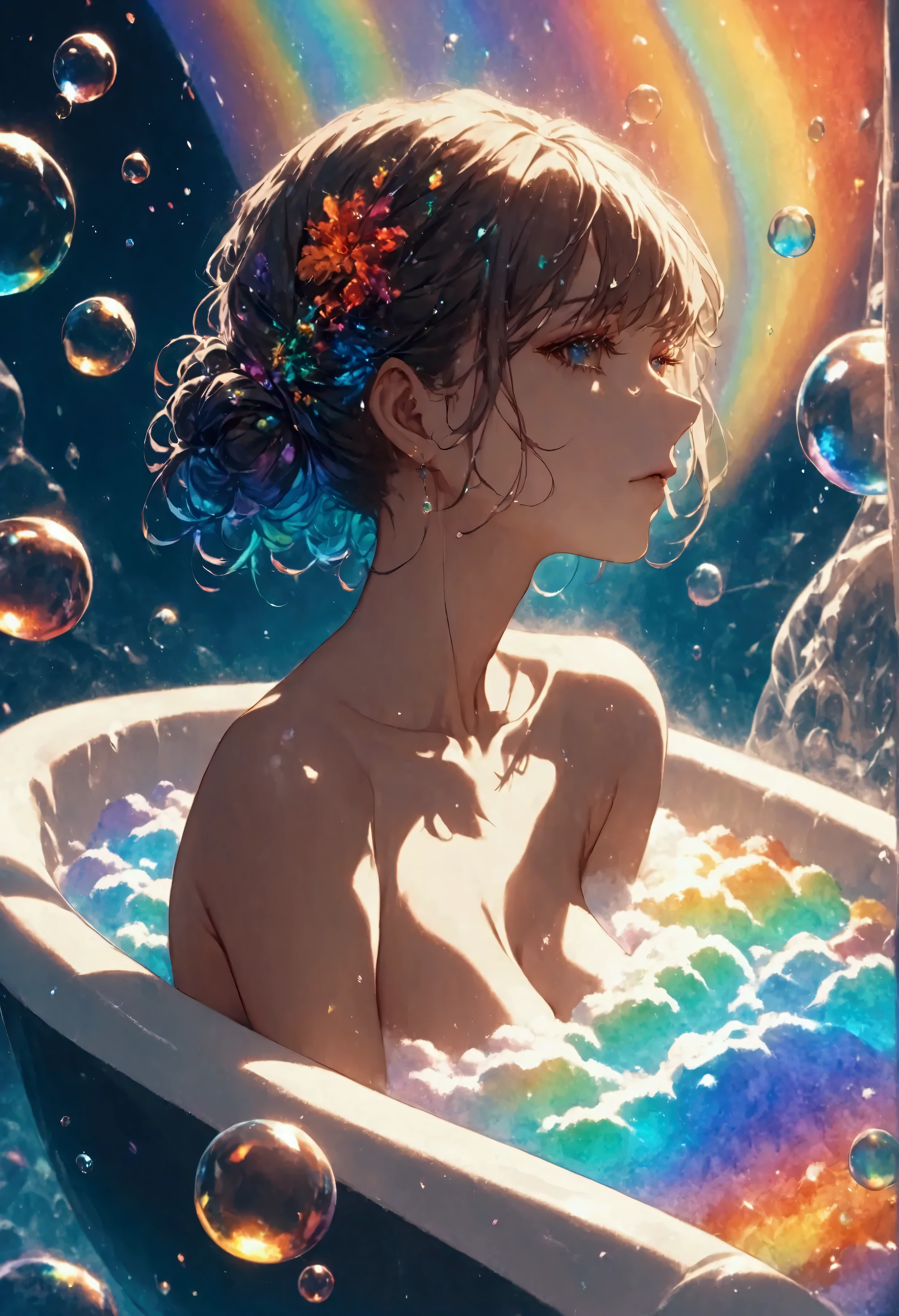 fantasy art, a woman sitting in a bubble bath the bubbles are rainbow colored, the bubbles cover her entire body, only the head is visible, rainbow highlights