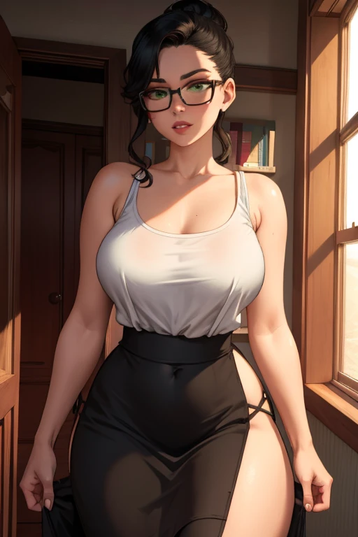 a mature woman, housewife, wearing an apron and a white tank top and a black skirt underneath, large breasts, wide hips, thick thighs, surprised expression, answering the door in the living room, looking at the viewer anxiously, black hair tied back, wearing glasses, green eyes, thin lips, round face, photorealistic, high quality, cinematic lighting, intricate details