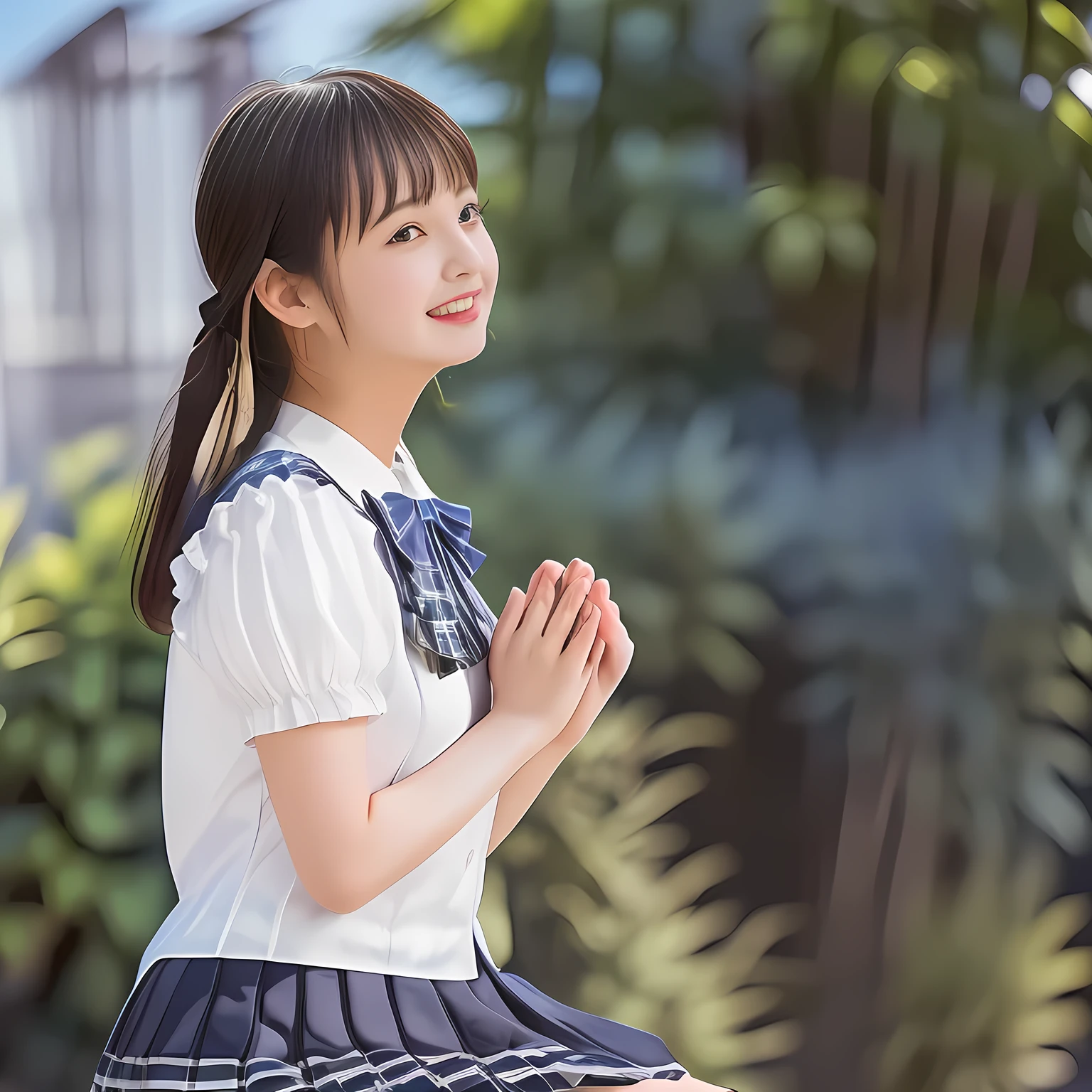 (Highest quality, masterpiece:1.2), Highest quality, High resolution, 1080P, 8k, height: 158cm, (A beautiful girls in a school uniform is sitting and praying, take the shot from their side: 2.0), (School-uniform beautiful 13yo girl models are smiling nobly in a young girls fashion magazine's page, promoting school uniform designed by Japanese school-wear maker: 1.8), (Well-grown rich breast and nice style: 1.8), (well arranged, balanced, untied, neat glossy wavy wavy super-long hair like hair model), (Double-deep-eyelids, completely balanced, brown large large dreaming Japanese graceful popular model's cute open eyes, with detailed beautifully: 1.8), (Very-glossy lustrous lips: 1.8), (very high nose: 1.4), (Rich and long bottom-eye-slashes: 1.2), (Drives me crazy for her navy-colored neat tartan plaid blue skirts and make me fall into her navy-colored plaid-print pleats skirt: 1.4), (Fine white-face: 1.6), (Noble girly feminine frilled frilled clean frilled white girly puffed-sleeves blouse: 1.6), (Navy pleated plaid skirt: 1.5), (Plain big frilled ribbon on the breast), (Girl whom everyone loves because of her beauty and neat school fashion and noble manner and magic-charm of succubus: 1.3), (full body shot), (evenly cut curled glossy rich beautiful bangs: 1.6), (bright light hitting her white-face and skirt clearly beautifully), white-shining skin, (She is kissing, licking, and drinking the transparent air in front of her face, and grabbing it with her both beautiful hands and fingers like a prayer: 1.4), (All viewers will be captivated by her because her smile is too much cute), (Nothing but complete plain light blue background: 1.4)