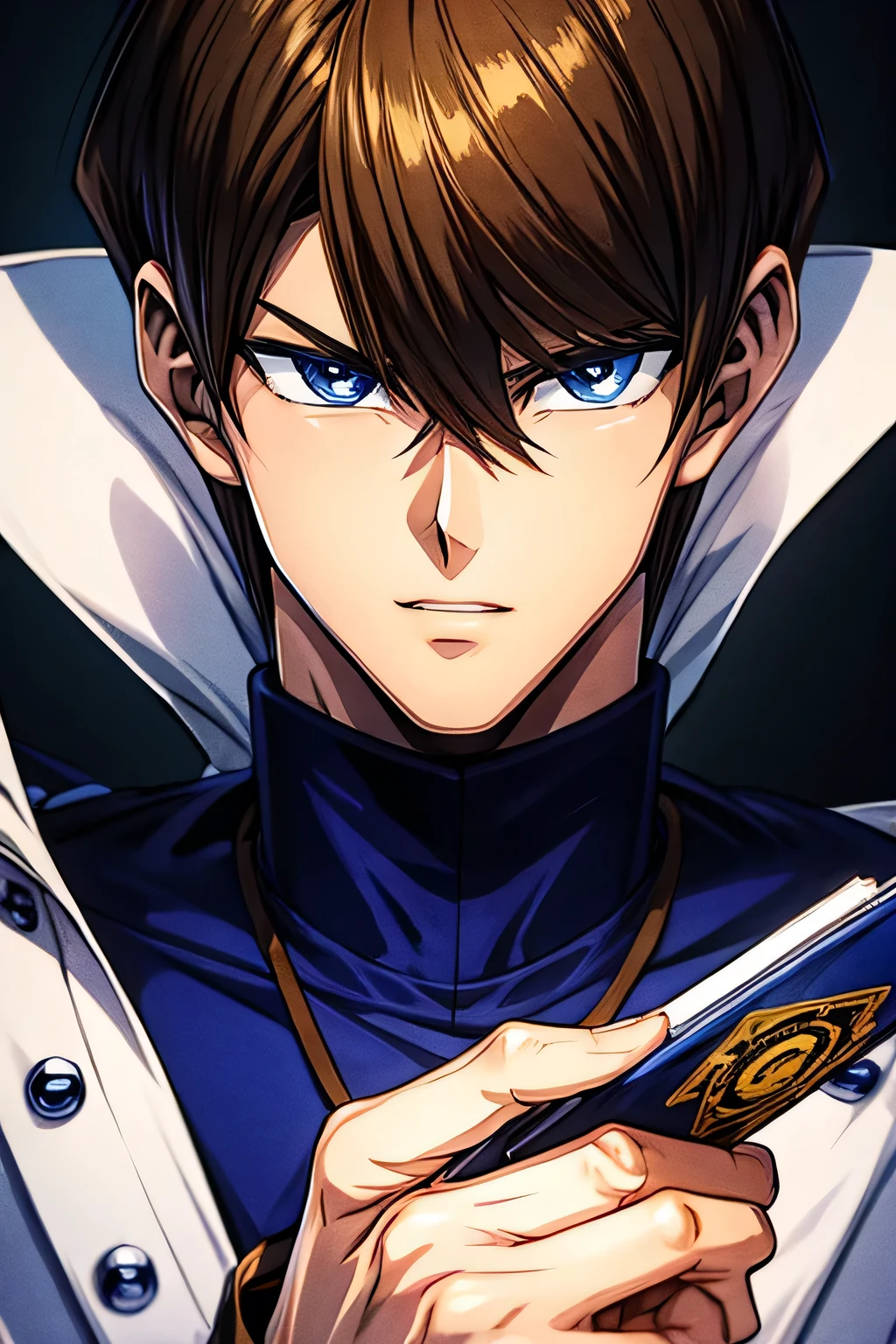 (masterpiece, best quality, ultra-detailed), 1boy, blue eyes, brown hair, sexy pose, man body, portrait shot, looking at viewer, serius expression, Seto Kaiba, with a card in the hand, wallpaper, 4k