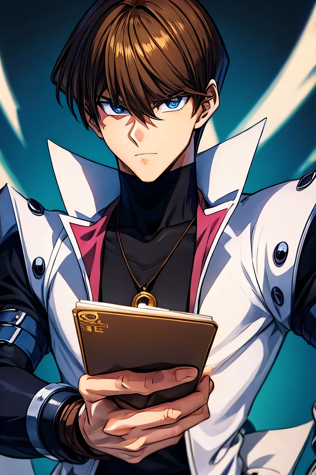 (masterpiece, best quality, ultra-detailed), 1boy, blue eyes, brown hair, sexy pose, man body, portrait shot, looking at viewer, serius expression, Seto Kaiba, with a card in the hand, wallpaper, 4k