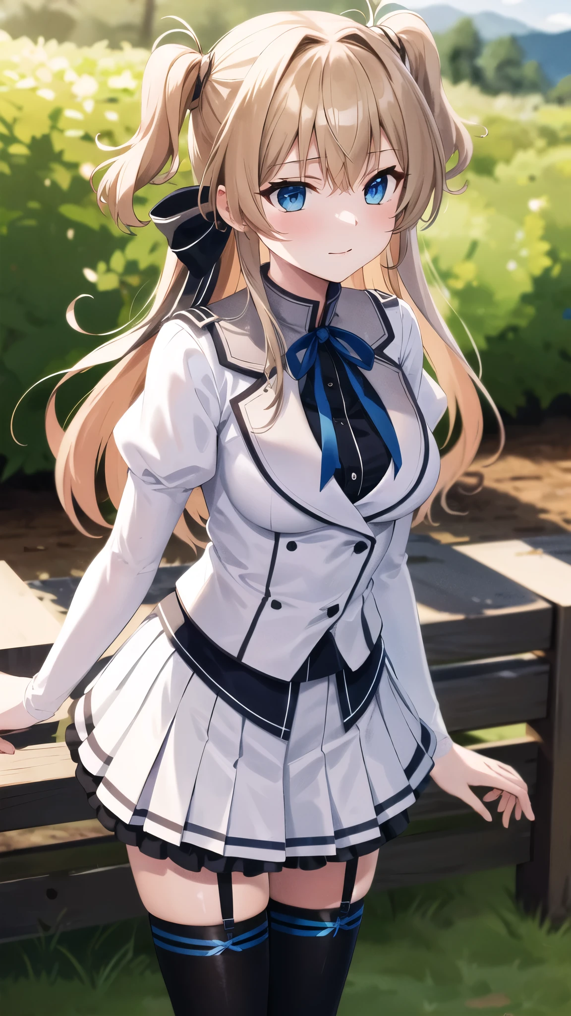 masterpiece, best quality, highres, 1girl, solo, long hair, blonde hair, two side up, (hair ribbon:1.1), blue eyes, neck ribbon, school uniform, white jacket, juliet sleeves, long sleeves, white skirt, thigh ribbon, black thighhighs, outdoors, cowboy shot, standing,