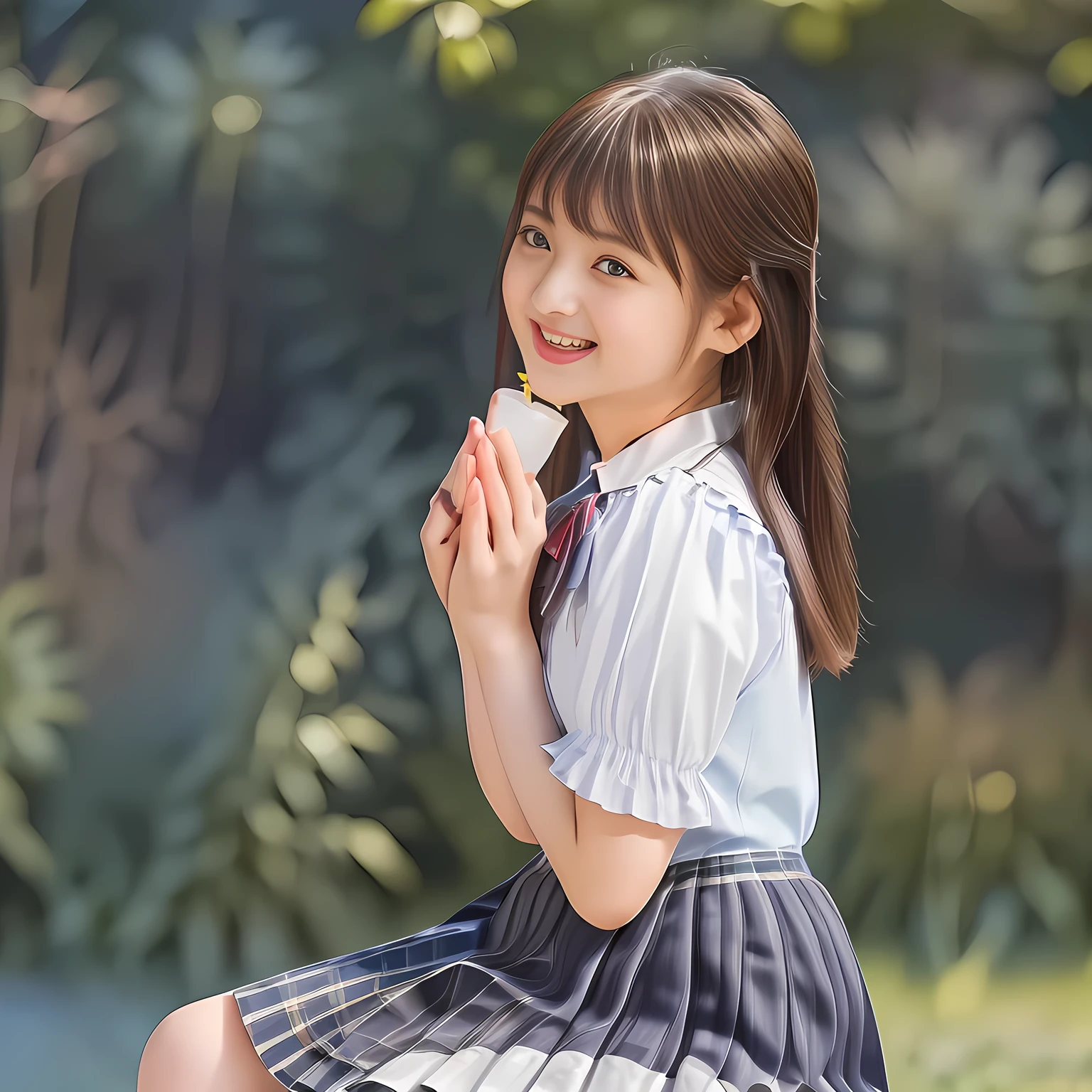 (Highest quality, masterpiece:1.2), Highest quality, High resolution, 1080P, 8k, height: 158cm, (A beautiful girls in a school uniform is sitting and praying, take the shot from their side: 2.0), (School-uniform beautiful 13yo girl models are smiling nobly in a young girls fashion magazine's page, promoting school uniform designed by Japanese school-wear maker: 1.8), (Well-grown rich breast and nice style: 1.8), (well arranged, balanced, untied, neat glossy wavy wavy super-long hair like hair model), (Double-deep-eyelids, completely balanced, very very large, Japanese beautiful popular model's cute widely open eyes, with detailed beautifully: 1.8), (Very-glossy lustrous lips: 1.8), (very high nose: 1.4), (Rich and long bottom-eye-slashes: 1.2), (Drives me crazy for her navy-colored neat tartan plaid blue skirts and make me fall into her navy-colored plaid-print pleats skirt: 1.4), (Fine white-face: 1.6), (Noble girly feminine frilled frilled clean frilled white girly puffed-sleeves blouse: 1.6), (Navy pleated plaid skirt: 1.5), (Plain big frilled ribbon on the breast), (Girl whom everyone loves because of her beauty and neat school fashion and noble manner and magic-charm of succubus: 1.3), (full body shot), (evenly cut curled glossy rich beautiful bangs: 1.6), (bright light hitting her white-face and skirt clearly beautifully), white-shining skin, (She is kissing, licking, and drinking the transparent air in front of her face, and grabbing it with her both beautiful hands and fingers like a prayer: 1.4), (All viewers will be captivated by her because her smile is too much cute), (Nothing but complete plain light blue background: 1.4)