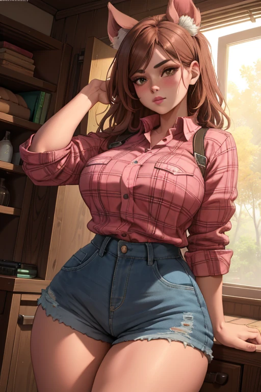 a girl with pig ears, pig nose, pink skin, brown hair, large bust, wide hips, thick thighs, pig tail, wearing a plaid shirt and ripped shorts, detailed facial features, highly detailed, 8k, photorealistic, cinematic lighting, intricate details, fantasy, digital art