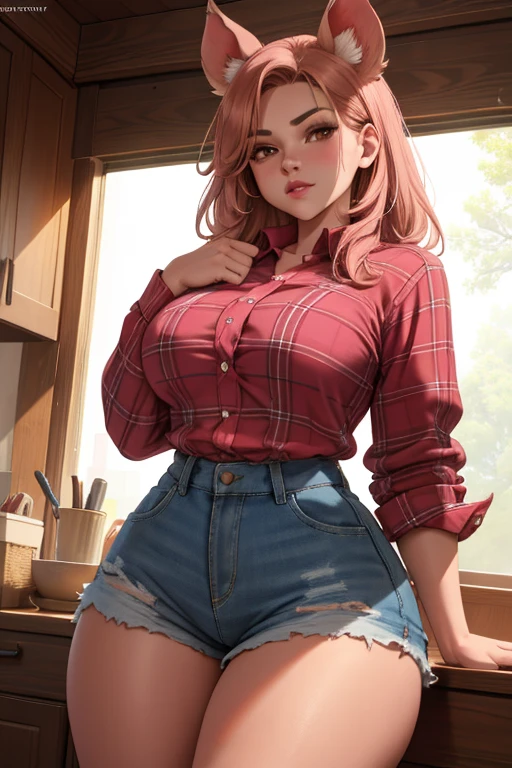 a girl with pig ears, pig nose, pink skin, brown hair, large bust, wide hips, thick thighs, pig tail, wearing a plaid shirt and ripped shorts, detailed facial features, highly detailed, 8k, photorealistic, cinematic lighting, intricate details, fantasy, digital art