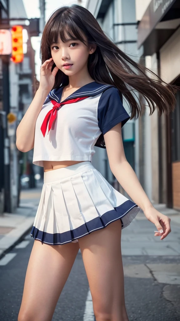 Product quality,1 girl,Cowboy Shot,(Skirt lift due to strong wind:1.5),(I can see your underwear:1.5),(Thigh Emphasis:1.4),(Young and beautiful Japanese woman,Perfect Anatomy),(Peaceful streetscape:1.4),(Surprised face:1.5),((White uniform sailor suit)),(Red ribbon tie:1.3),Deep waistline,((Navy blue super short pleated mini skirt:1.5)),(Skirt flip:1.6),(White panties:1.6),Stylish earrings,Stylish necklace,Very beautiful face,Cute type,(Slightly round face),baby face,Glossy lips,Beautiful big eyes,Brown eyes,Double eyelids visible in both eyes,(Natural Makeup),Shiny smooth light brown long hair,,,,Asymmetrical bangs,Floating Hair Nova Frog Style,【Imaging Center,8k resolution,Attention to detail,Detailed hairstyle,Detailed face,Cinema Lighting,Octane Rendering,Ultra-realistic,Perfect body,Beautiful legs,Voluptuous thighs,Huge breasts,Perfect Anatomy,Spread your legs,(Provocative dynamic pose:1.3)