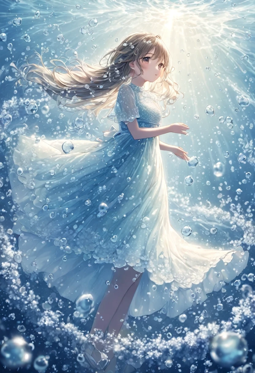    Thick and transparent flowing water, tiny foams and tiny frost petals condense with the water flow to form a dress. The dress is worn by a charming and beautiful girl, surrounded by tiny bubbles of water vapor. The flowing girl&#39;s facial expression is delicate, her eyes are gentle, and she is staring at the background of the camera. Magical smoke is flying in the dark blue. Wide-angle macro lens photography is ethereal and calm. Everything is nothingness.  