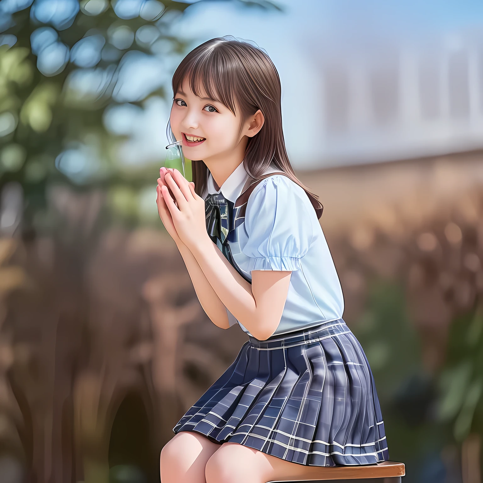 (Highest quality, masterpiece:1.2), Highest quality, High resolution, 1080P, 8k, height: 158cm, (A beautiful girls in a school uniform is sitting and praying, take the shot from their side: 2.0), (School-uniform beautiful **** girl models are smiling nobly in a young girls fashion magazine's page, promoting school uniform designed by Japanese school-wear maker: 1.8), (Well-grown rich breast and nice style: 1.8), (well arranged, balanced, untied, neat glossy wavy wavy super-long hair like hair model), (Double-deep-eyelids, wide pupils, completely balanced, very very large, Japanese beautiful popular model's cute widely open eyes, with detailed beautifully: 2.0), (Very-glossy lustrous lips: 1.8), (very high nose: 1.4), (Rich and long bottom-eye-slashes: 1.2), (Drives me crazy for her navy-colored neat tartan plaid blue skirts and make me fall into her navy-colored plaid-print pleats skirt: 1.4), (Fine white-face: 1.6), (Noble girly feminine frilled frilled clean frilled white girly puffed-sleeves blouse: 1.6), (Navy pleated plaid skirt: 1.5), (Plain big frilled ribbon on the breast), (Girl whom everyone loves because of her beauty and neat school fashion and noble manner and magic-charm of succubus: 1.3), (full body shot), (evenly cut curled glossy rich beautiful bangs: 1.6), (bright light hitting her white-face and skirt clearly beautifully), white-shining skin, (She is kissing, licking, and drinking the transparent air in front of her face, and grabbing it with her both beautiful hands and fingers like a prayer: 1.4), (All viewers will be captivated by her because her smile is too much cute), (Nothing but complete plain light blue background: 1.4)