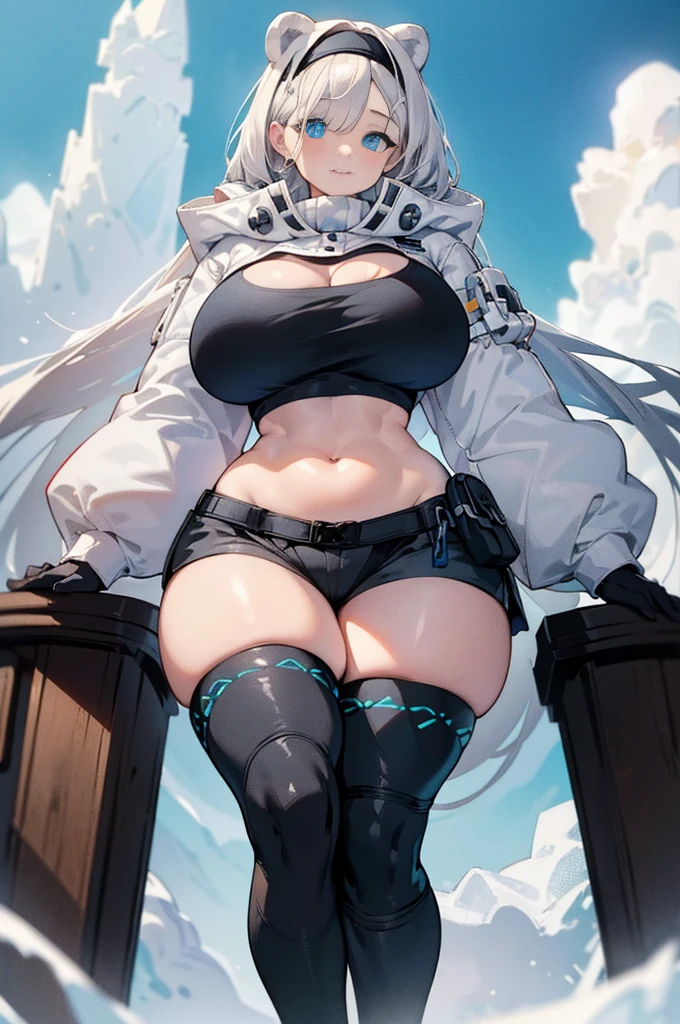 ((masterpiece)),((Best Quality)),High resolution,Highly detailed CG,perfect lighting,8K wallpaper, One Girl, aurora \(Arknights\), masterpiece, White hoodie, Animal Ears, Pure white hair, Cowboy Shot, smile, Black inner shirt, Black shorts, Black thigh-high boots, (Voluptuous body), (Highly detailed eyes), (Beautiful Eyes), ((Highly detailed face)) ((((Very large breasts)))), ((Thick thighs)), (((Wide Hips))),