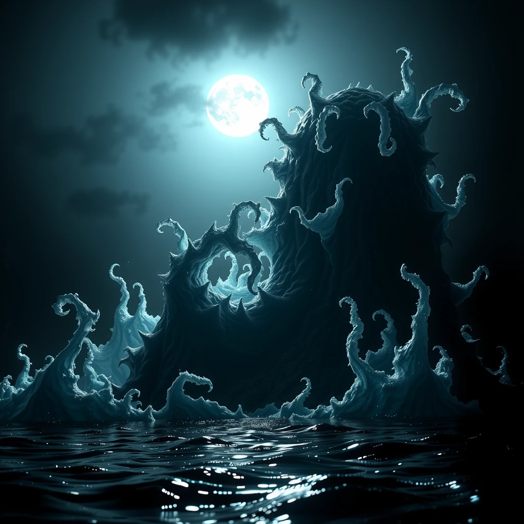 showcase foam, foam forming on surface on night lake, ominous, spooky, horrolm, cinematic, overwhelming, unknown, intense, foam seems almost sentient, dark presence foam, foam art, dim night, darkness, abyss, only light source creepy moonlight reflection shimmering sinisterly off the foam
