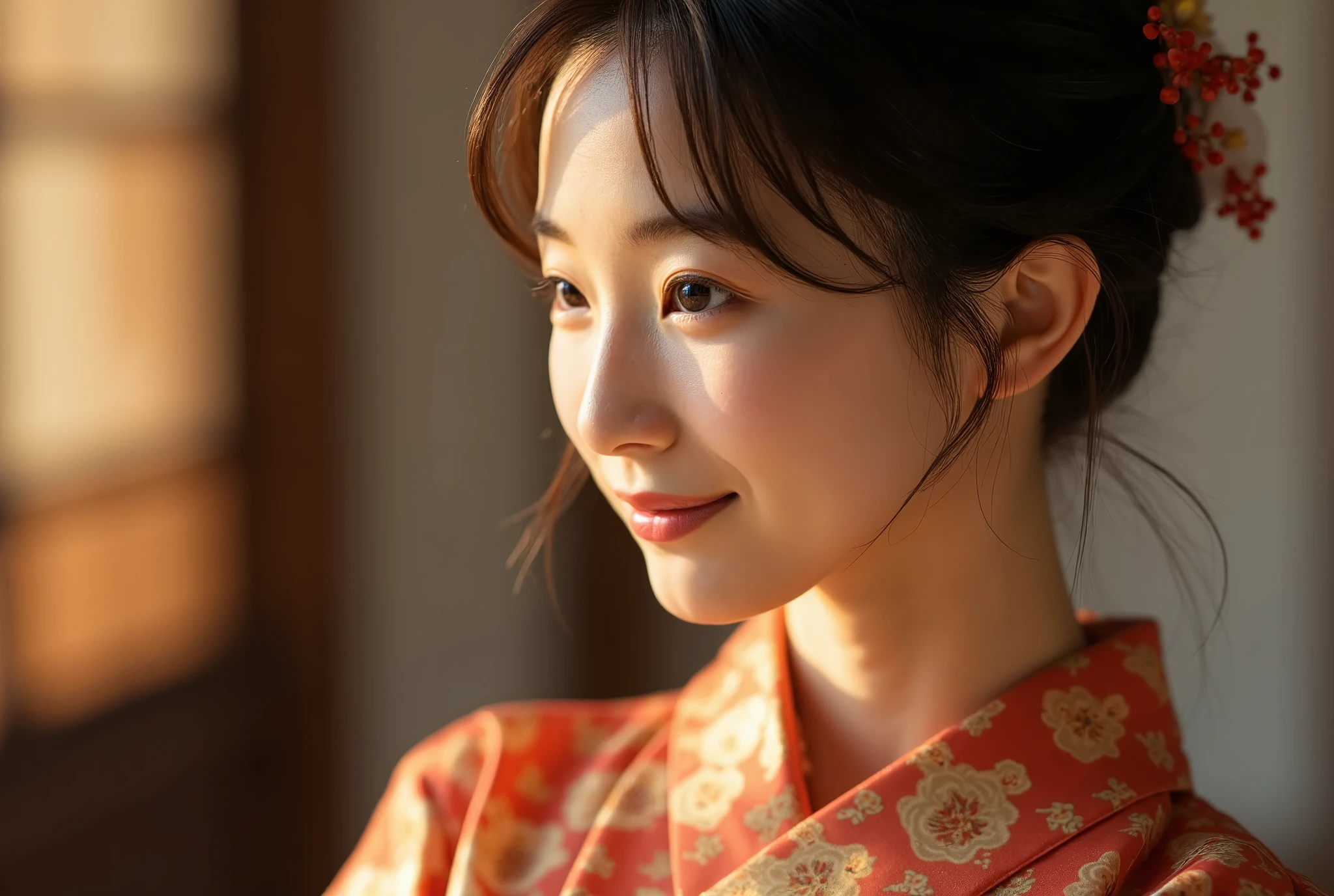 A photo of a asian woman, solo, close up, slender,((kimono and obi)), soft smiling, (best quality,8k,highres,masterpiece:1.3), ultra-detailed, (realistic,photorealistic,photo-realistic:1.37), portrait, cinematic, warm lighting, medium format, golden hour, dramatic shadows, vibrant colors,((hair up)),