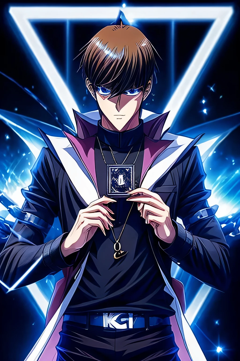 anime male, high school, black shirt, white shirt, black jacket, holding a black magic card with a chain-shaped card back, white ancient letters flying around, black background, light magic circle behind male, holding a dirty card between his chest