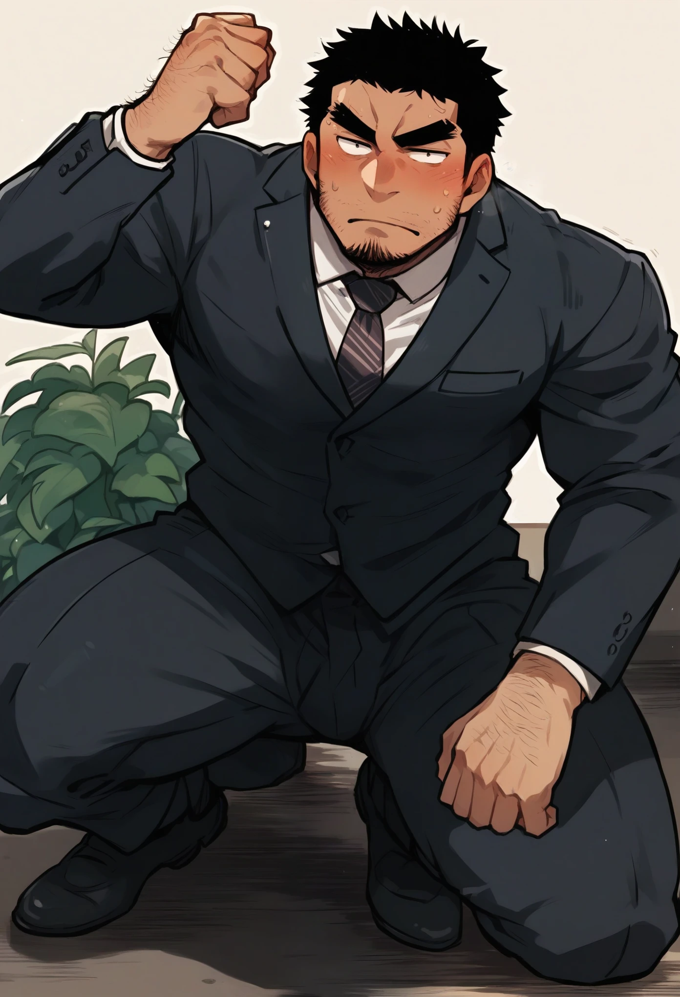 Takeda Senpai, Muscular, Black Hair, Hairy Body, Business Suit, Full Body, Solo