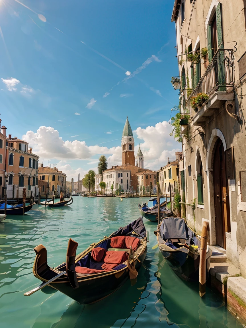 St Mark's Church in Venice, the gondola in the distance and the sun shining