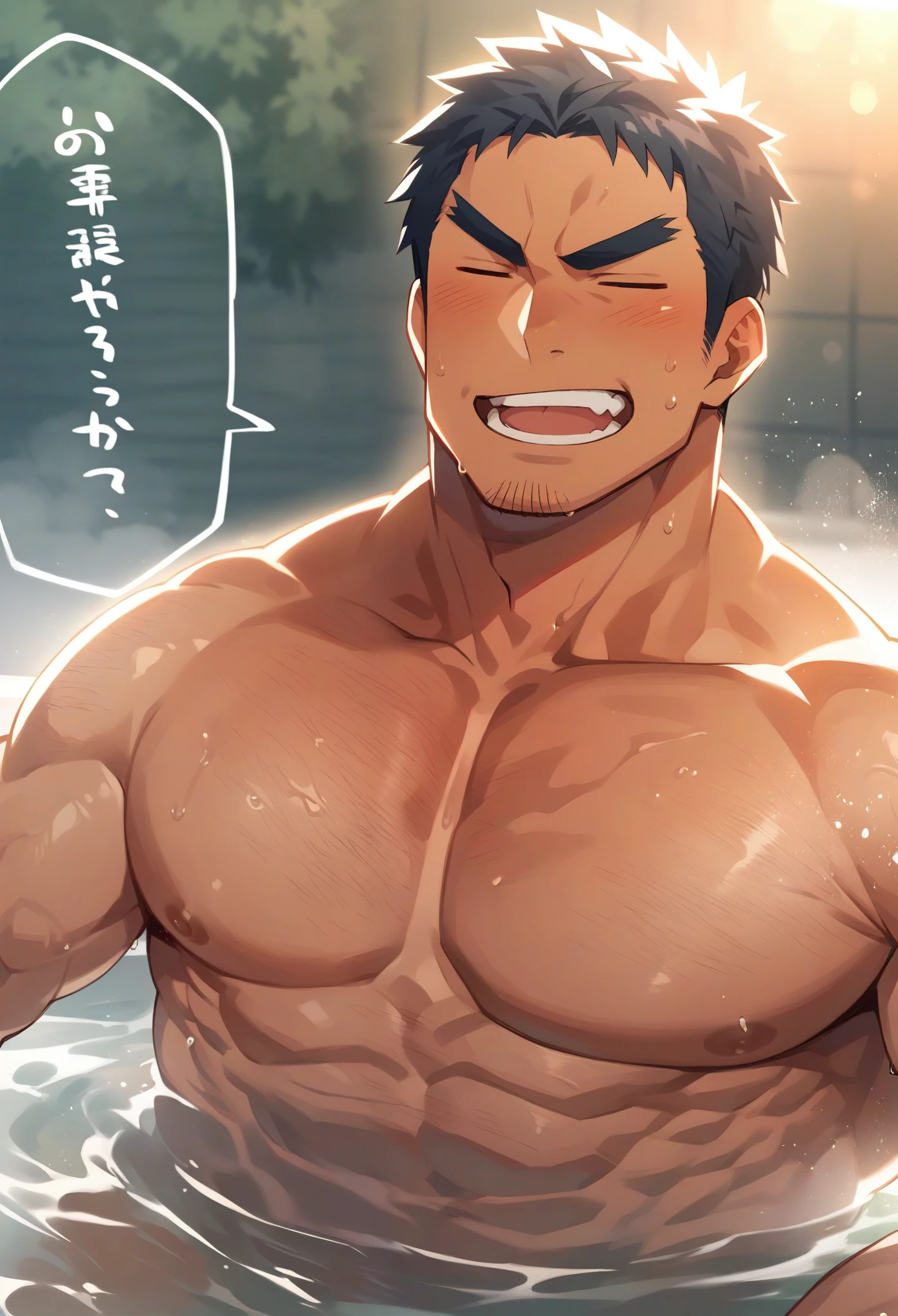 Takeda-senpai, muscular, black hair, full body, solo, open-air bath