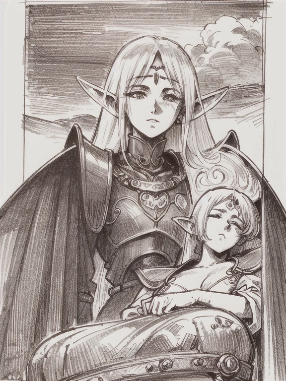 ((1 elf woman with a child on her lap)),((wearing torn rags and dirty clothes)),((long light yellow hair)), big breasts, dirty face and tirsti,((leaning against the wall, in a wet alley in a medieval city))