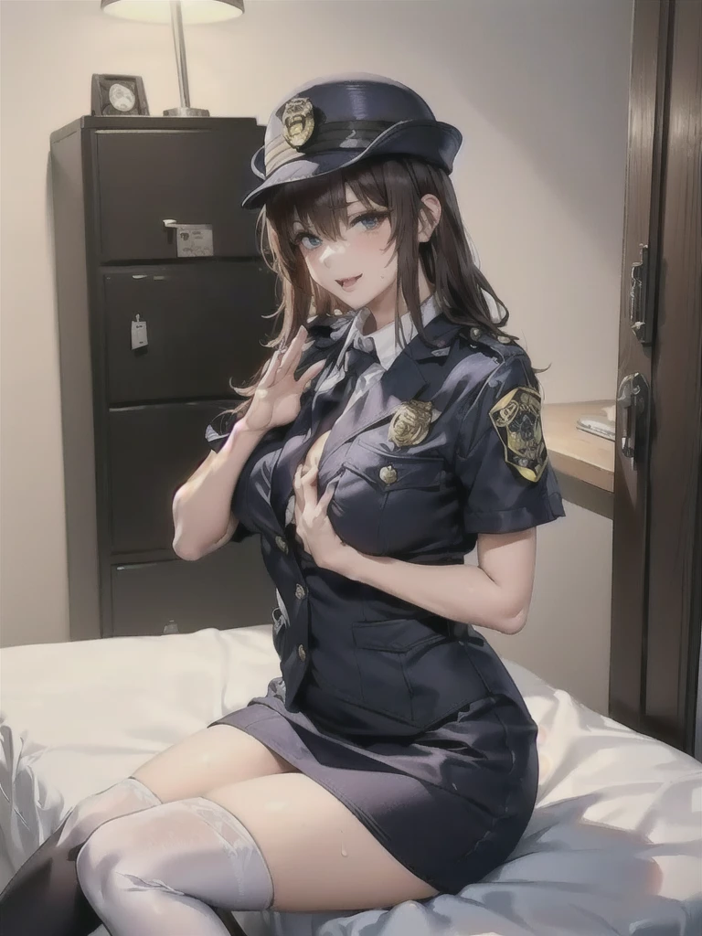 ((Best Quality)), ((masterpiece)), (detailed), One Girl,Private Server,Model body type,Police Officer,Big Breasts,(Short skirt),(Open Chest Button),((Black knee-high socks)),woman,(Mischievous Appearance),((Excited expression)),Viewer attention required,Nswf Japanese,(Attractive looks),Sweating,Teary-eyed,((Lift your chest with both hands)),Curved back,(Side view,((胸をアピールするwoman)),(Dark hospital bed),(Male criminal arrested),(Interrogation room),(Man sitting on bed),((男性に跨るwomanPolice Officer)),(riding on a man)