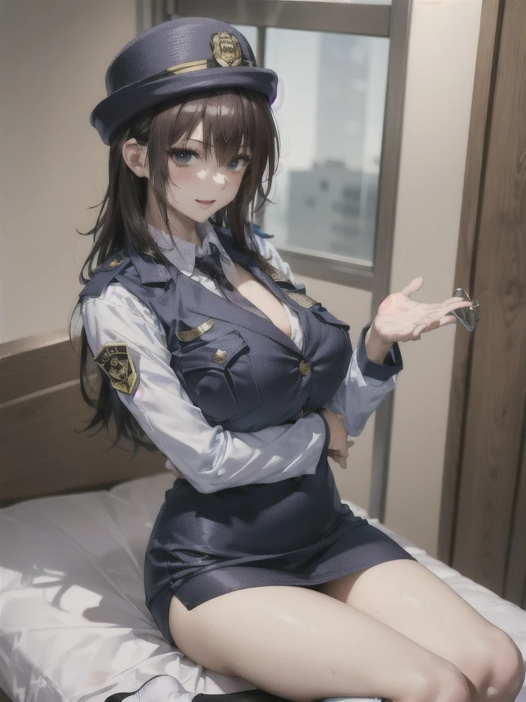 ((Best Quality)), ((masterpiece)), (detailed), One Girl,Private Server,Model body type,Police Officer,Big Breasts,(Short skirt),(Open Chest Button),((Black knee-high socks)),woman,(Mischievous Appearance),((Excited expression)),Viewer attention required,Nswf Japanese,(Attractive looks),Sweating,Teary-eyed,((Lift your chest with both hands)),Curved back,(Side view,((胸をアピールするwoman)),(Dark hospital bed),(Male criminal arrested),(Interrogation room),(Man sitting on bed),((男性に跨るwomanPolice Officer)),(riding on a man)