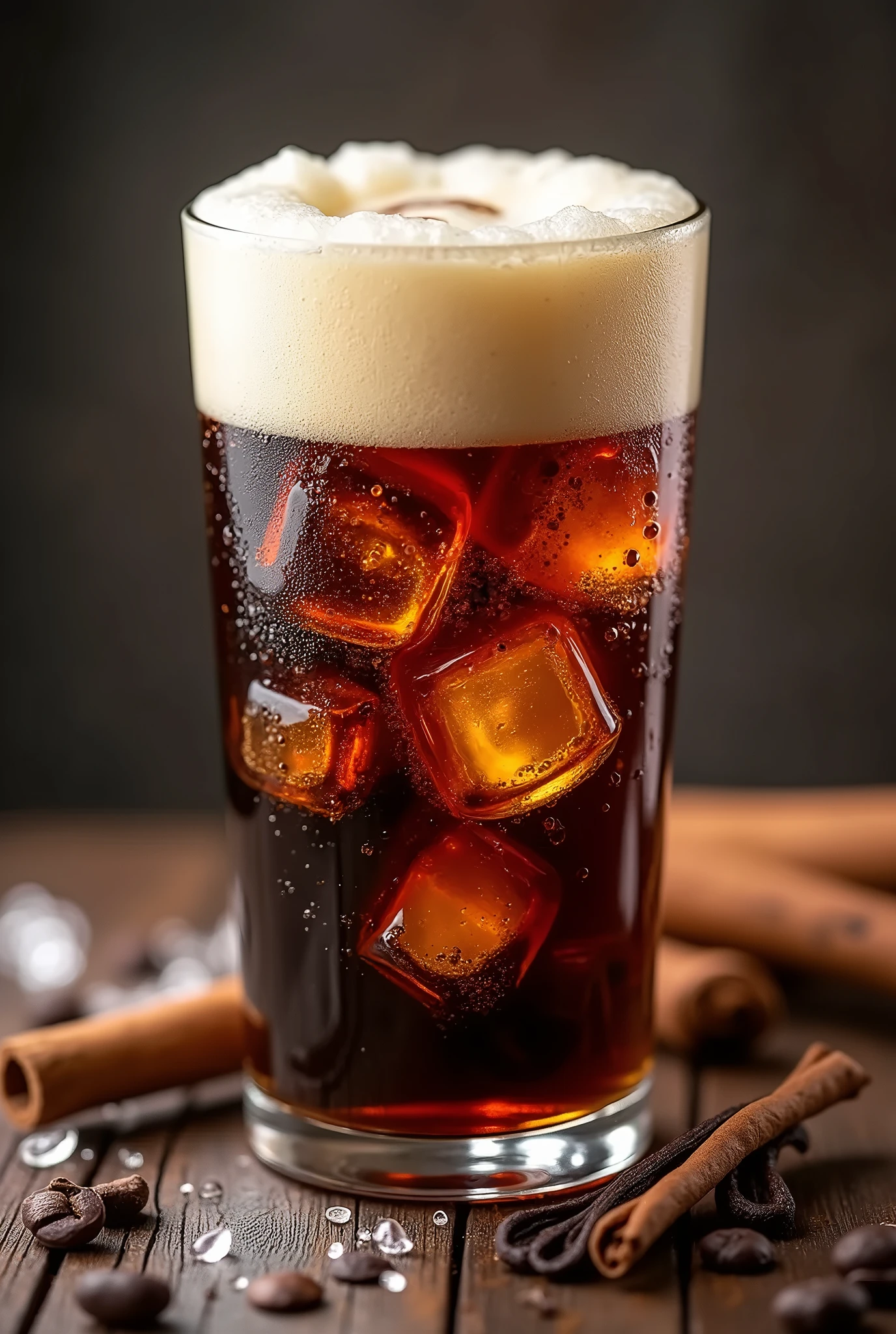 Create a stunning, high-fidelity image of a glass filled with root beer, overflowing with thick, frothy foam and clinking with ice cubes. The root beer is dark and rich, contrasting beautifully with the light, airy foam that dramatically spills over the rim of the glass, cascading down in creamy, bubbly layers. The foam is thick, bubbly, and voluminous, with intricate, micro-bubble detail that catches the light, creating a mesmerizing sheen. The foam flows down the sides of the glass, forming a soft, frothy waterfall effect.

Large, clear ice cubes float inside the glass, partially submerged in the dark root beer, adding a refreshing, cooling element. Tiny bubbles from the soda fizz around the ice and rise through the liquid, contributing to the dynamic sense of movement in the scene. The condensation on the glass and the overflowing foam add realism and energy, while the glossy, reflective glass glistens under soft ambient lighting.

In the background, natural ingredients used in root beer—sassafras root, vanilla beans, and cinnamon sticks—are artfully arranged to enhance the composition. The rough texture of the sassafras root adds a rustic touch, while sleek, dark vanilla beans provide elegance and sophistication. Cinnamon sticks, coiled and rich in color, bring warmth and contrast, complementing the earthy tones of the root beer. These ingredients subtly frame the glass, enriching the scene with their natural beauty and tying the image to the authentic roots of root beer.

The overall atmosphere is lively and inviting, capturing the sensation of enjoying an ice-cold, frothy root beer on a hot day. The overflowing foam, ice cubes, and effervescent bubbles create a visually striking composition, while the carefully placed natural ingredients in the background add depth and a sense of authenticity, making the scene feel both refreshing and indulgent.