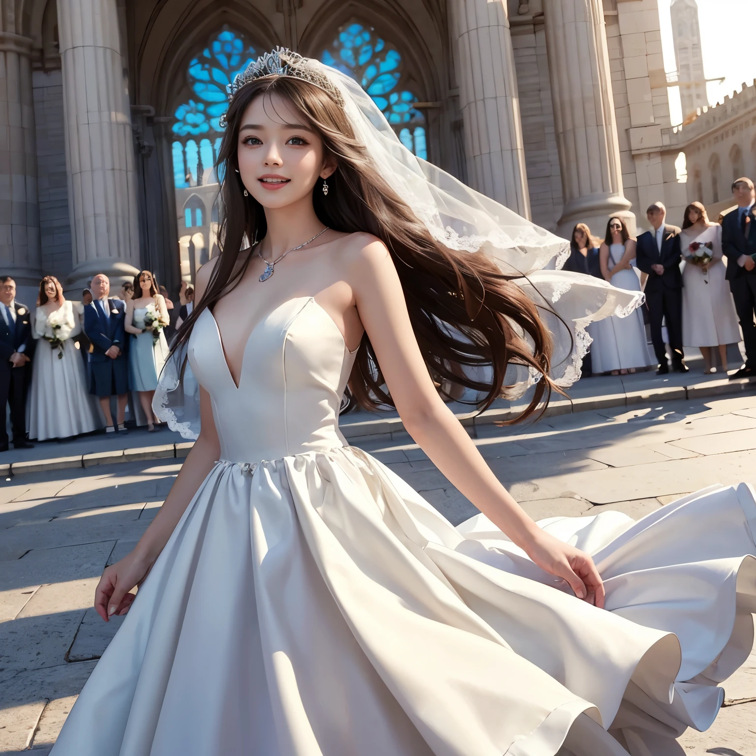 1 girl, huge laugh, cute teen, shiny lips, sweet, sun glare, Conservative attire, Beaded bell-line wedding dress, bridal tiara, depth of field, blurred background, Cathedral Background, light particles, strong wind, head tilt, long hair, 