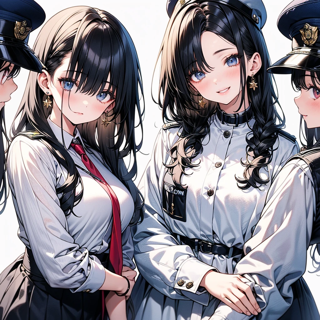 (((yuri))), (((2 girls))), ((police uniform)), absurdres, RAW photo, extremely delicate and beautiful, masterpiece, Best Quality, ultra high resolution, 32k, hyperrealistic, ultra-detailed, detailed description, perfect anatomy, pale skin, 20 years old, detailed beautiful face and eyes, tearful mole, earring, short medium hair, wavy hair, random colored hair, whole body shot, colossal tits, collared shirt, skirt,