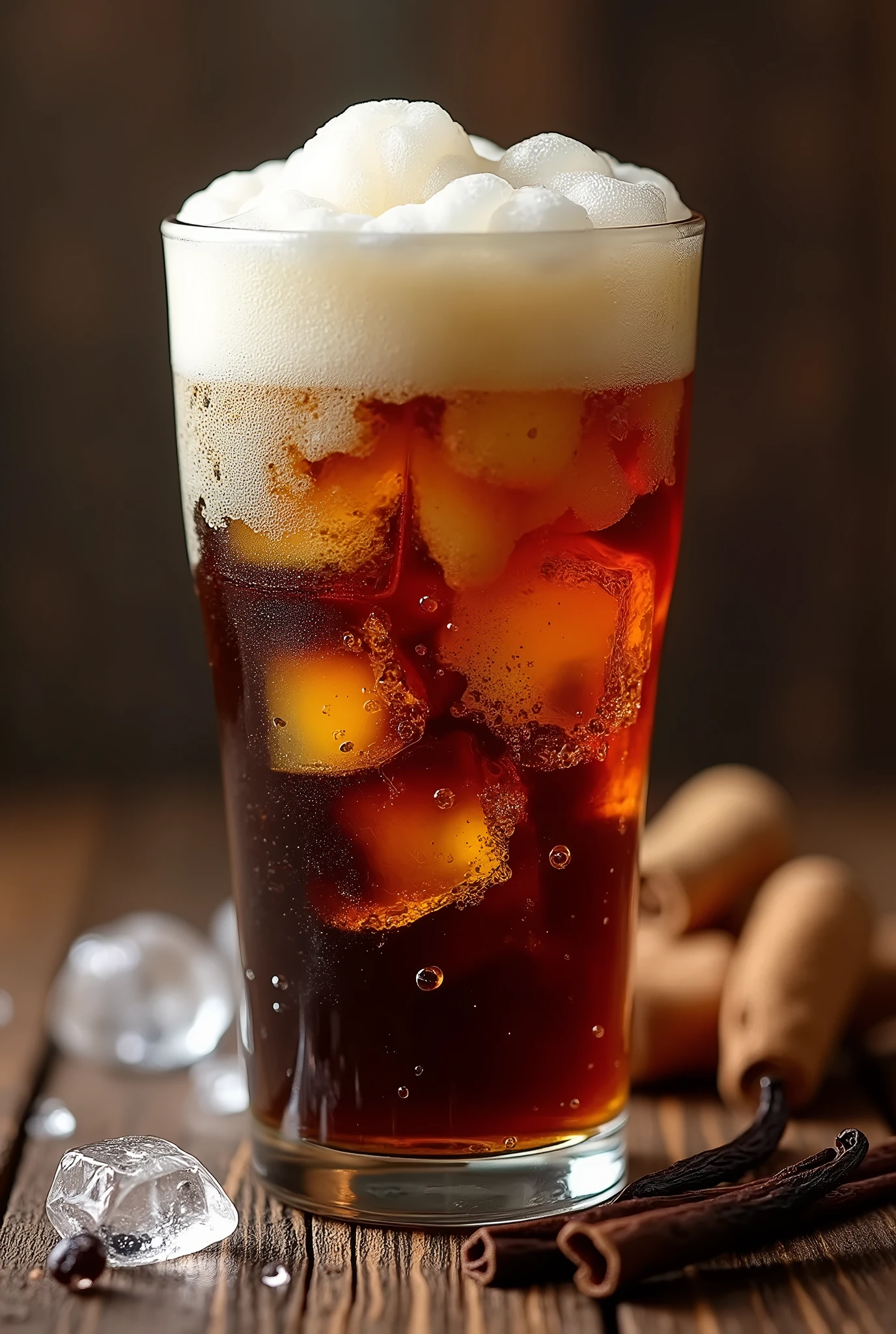 Create a stunning, high-fidelity image of a glass filled with root beer, overflowing with thick, frothy foam and clinking with ice cubes. The root beer is dark and rich, contrasting beautifully with the light, airy foam that dramatically spills over the rim of the glass, cascading down in creamy, bubbly layers. The foam is thick, bubbly, and voluminous, with intricate, micro-bubble detail that catches the light, creating a mesmerizing sheen. The foam flows down the sides of the glass, forming a soft, frothy waterfall effect.

Large, clear ice cubes float inside the glass, partially submerged in the dark root beer, adding a refreshing, cooling element. Tiny bubbles from the soda fizz around the ice and rise through the liquid, contributing to the dynamic sense of movement in the scene. The condensation on the glass and the overflowing foam add realism and energy, while the glossy, reflective glass glistens under soft ambient lighting.

In the background, natural ingredients used in root beer—sassafras root, vanilla beans, and cinnamon sticks—are artfully arranged to enhance the composition. The rough texture of the sassafras root adds a rustic touch, while sleek, dark vanilla beans provide elegance and sophistication. Cinnamon sticks, coiled and rich in color, bring warmth and contrast, complementing the earthy tones of the root beer. These ingredients subtly frame the glass, enriching the scene with their natural beauty and tying the image to the authentic roots of root beer.

The overall atmosphere is lively and inviting, capturing the sensation of enjoying an ice-cold, frothy root beer on a hot day. The overflowing foam, ice cubes, and effervescent bubbles create a visually striking composition, while the carefully placed natural ingredients in the background add depth and a sense of authenticity, making the scene feel both refreshing and indulgent.