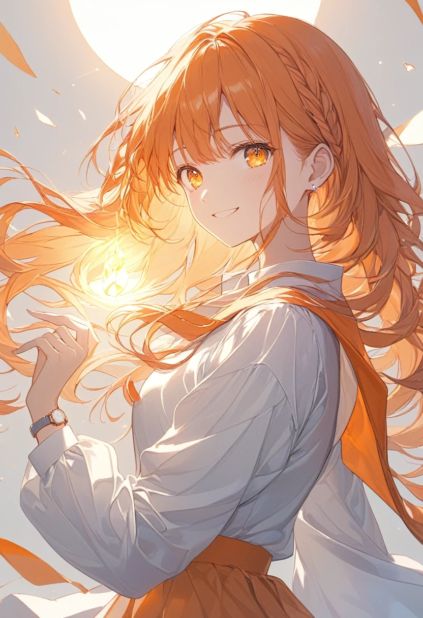 A smiling woman,pastel,smile,happiness,Orange base,Orange eyes,Shining Eyes,Orange Hair,Long Hair,Braided on the side,A worn out orange coat,White shirt,Red Skirt,The background glows orange,pale,Shining Flame,Backlight,A masterpiece held in both hands,Best Quality,Exquisite,8k,Absurd,Ultra-detailed illustrations,(Watch the audience)