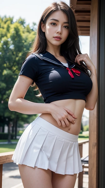 (Best Quality:1.4), (Very high quality), (Very detailedな), One beautiful girl, Very cute, Great face and eyes, Not realizing this, (A short-sleeved sailor suit made of thin fabric。, white, Very light fabric.., 、Completely naked、belly button、Grey pleated sheer micro mini skirt:1.5), (Beautiful and incredibly large breasts:1.3), (Slender body:1.1), (Thin, slim legs), (Very small waist), belly button, Realistic skin texture, bangs:1.3, Glowing lips, A beautiful goddess descends, Beautiful background, Golden Ratio, Conceptual Art, Very detailed, Accurate, Advanced Details, Outdoor, Sexy Art, Enveloped in the summer sun, Bright light, Ultra-detailed illustration details, 8K wallpaper incorporating high-resolution CG, RAW Photos, Professional photos, Cinema Lighting, Written boundary depth, (In uniform and without a bra:1.2), (The shape of her nipples is visible through her uniform.:1.2), (Nipple protrusions lifting up the uniform), (Big Stretch Uniform:1.2), I&#39;Chest massage makes it hard to breathe, Flowing crop top:1.3, Underbust:1.3, (Bare feet and high heels)Injecting lotion into pussy、、、I&#39;m coming、