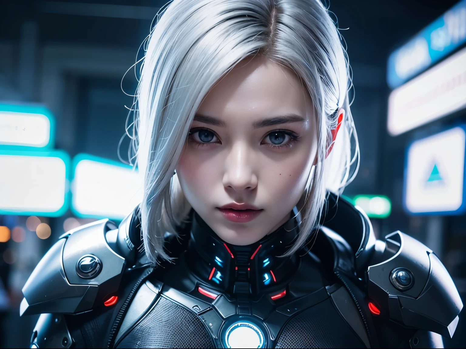 best quality,high quality,superDetail,Textured Skin,Detail,award-winning，3d, Beautiful cyberpunk woman image,Combat Uniform，gray hair，HDR（high dynamic range）,ray tracing,NVIDIA RTX,super resolution,unreal 5,underground spawning、PBR texture、post processing、Anisotropic filtering、Depth of field maximum definition and clarity layer texture、Albedo and specular maps、surface coloration、Octane rendering for accurate simulation of light-material interactions、two color lights、large aperture、low iso、white balance、rule of thirds、8K raw data、black stockings