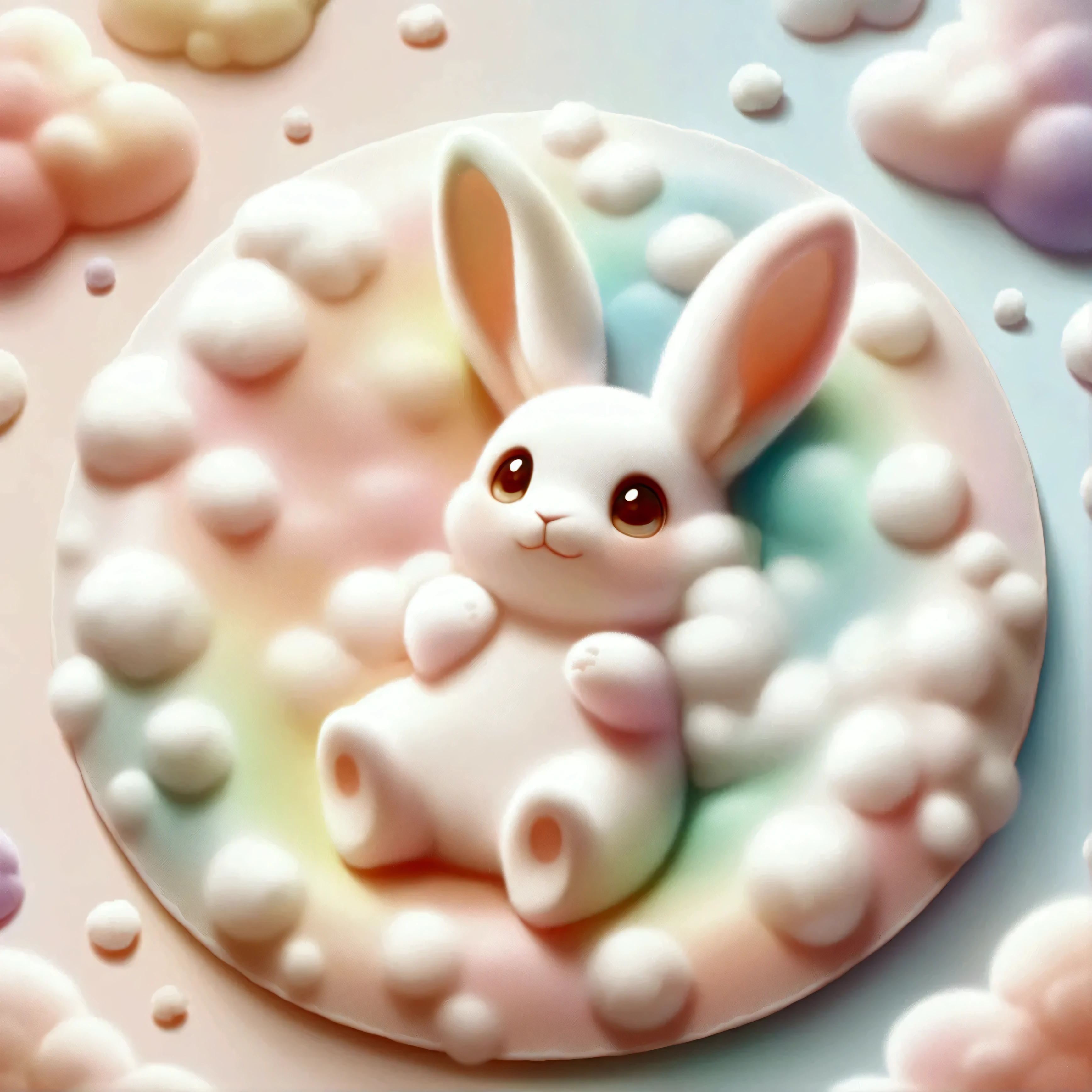 (rabbit-shaped white cloud:foam),(rabbit-shaped foam),Fluffy and fluffy,foam,cute,best composition,Artwork that children will enjoy seeing,create adorable backgrounds,pastel colors,Sparkling,fancy,fantasy