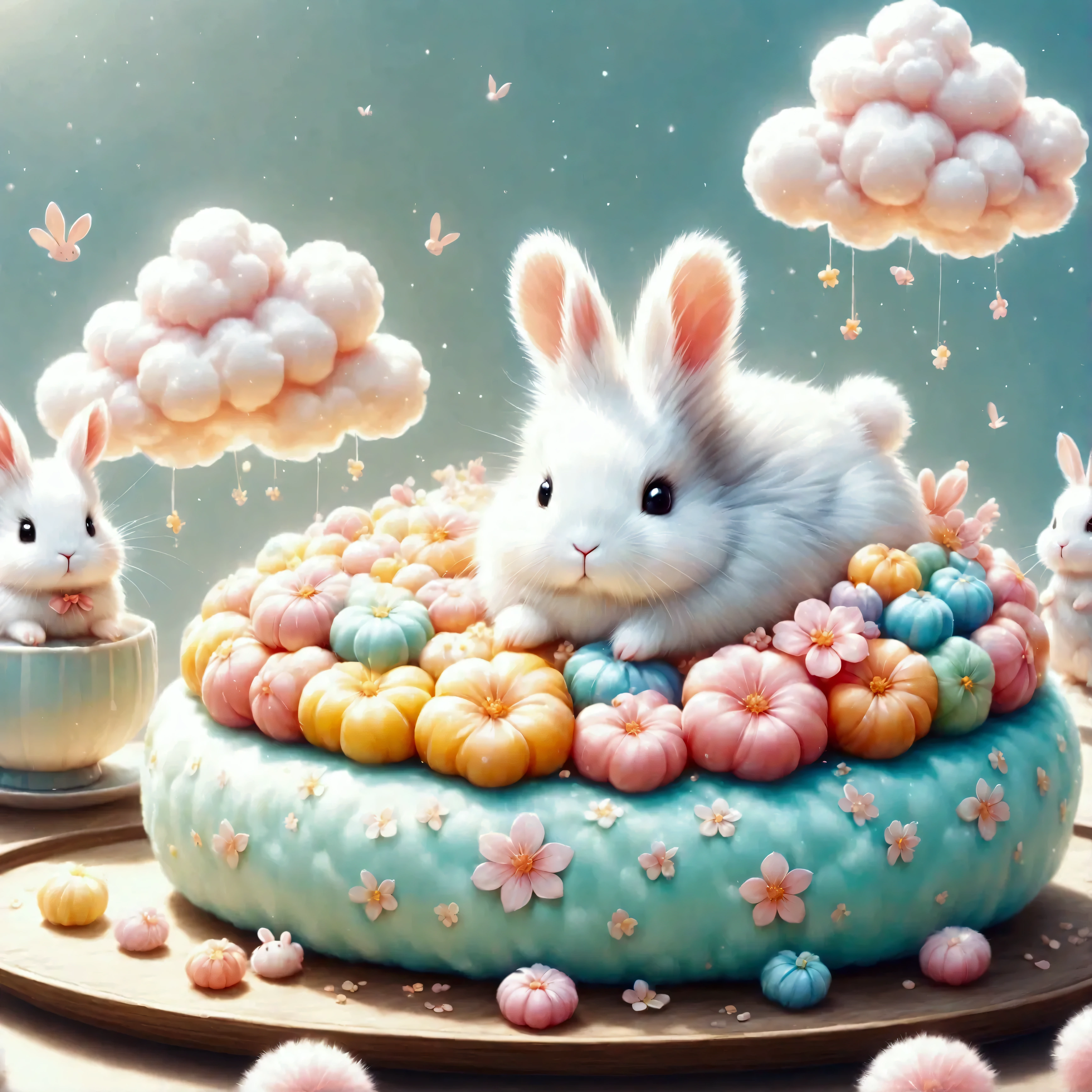 (rabbit-shaped white cloud:foam),(rabbit-shaped foam),Fluffy and fluffy,foam,cute,best composition,Artwork that children will enjoy seeing,create adorable backgrounds,pastel colors,Sparkling,fancy,fantasy